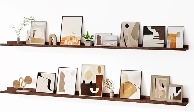 Floating Picture Ledge Shelves for Wall Set of 2, 72 Inches Picture Ledge Shelf with Long Large Nursery Book Shelf for Toys Storage Kids Bookshelf Wall Mounted Living Room Bedroom Decor Frames, Walnut-Ruum Studio Home