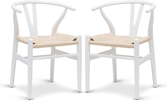 POLY & BARK Weave Dining Chairs – Mid-Century Modern Wishbone Dining Chairs with Arms, Solid Wood Frame, Indoor Use – White – Set of 2 - Ideal for Dining Room, Kitchen or Stylish Accent Setting-Ruum Studio Home