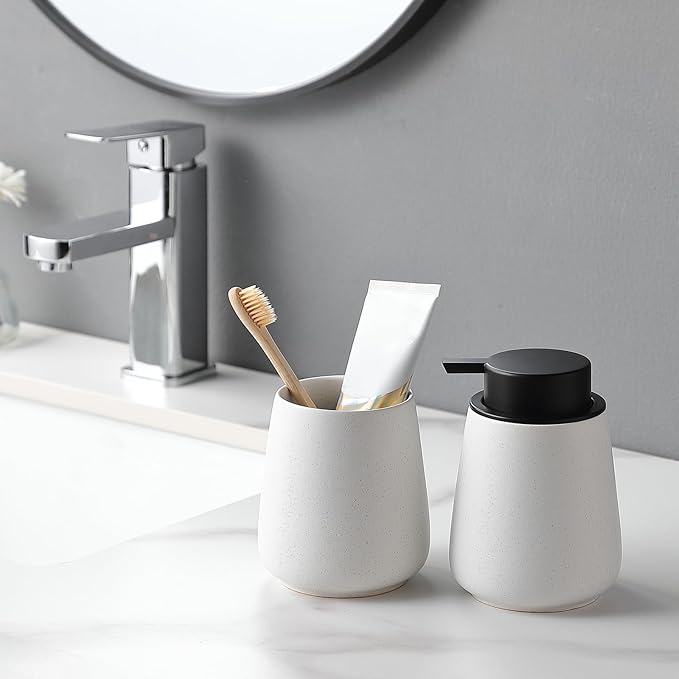 Speckled White Toothbrush Holder Set - 2Pcs Bathroom Ceramic Tooth Brushing Holders, Toothbrush Cup, Toothpaste Organizer for Countertop, Makeup Brush Holder, Pen Holder for Home Desktop Storage-Ruum Studio Home
