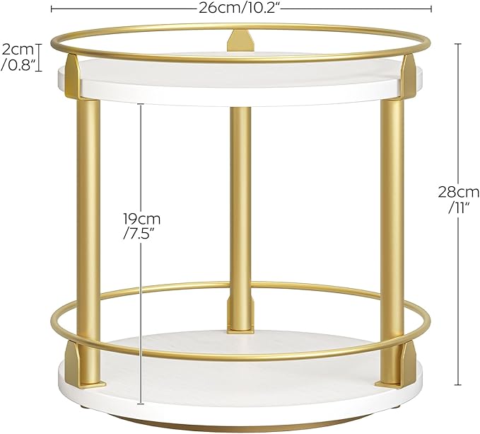 Lazy Susan Organizer, Rotating Spice Rack, 2 Tier Spice Turntable Organizer, Industrial Turntable Spice Holder, for Kitchen Countertop and Cabinet, Compact and Versatile, White and Gold SR22DW-Ruum Studio Home