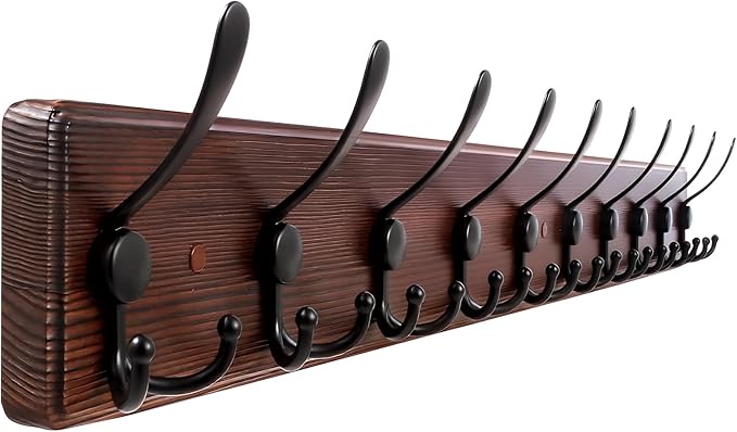 38.6'' Large Coat Rack Wall Mount Coat Hooks Coat Hanger with 10 Metal Black Triple- Hooks Brown Pine Real Wood Plank Hat Rack for Wall Hooks for Hanging Coat Hat Jacket-Ruum Studio Home