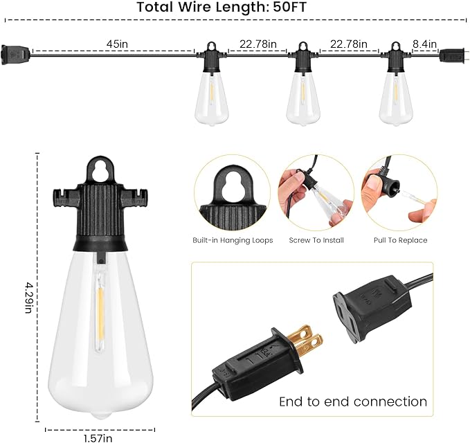 LED Outdoor String Lights, 50 FT Waterproof Patio Lights with 25+2 ST38 Vintage Edison Shatterproof Bulbs, Connectable Dimmable Hanging Lights for Backyard Bistro Cafe Garden Gazebo - Warm White-Ruum Studio Home