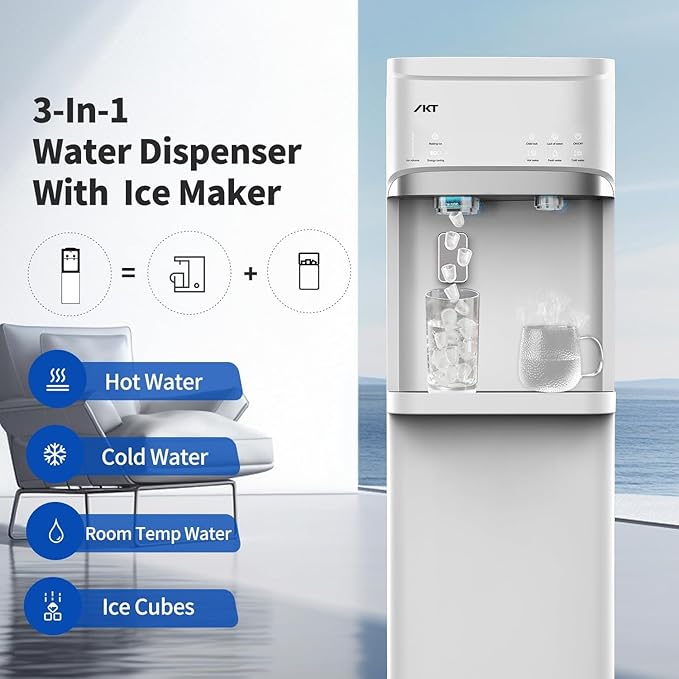 IKT Self-Cleaning Hot Cold and Room Water Cooler Dispenser and Maker Bottom Loading for 5 Gallon Bottle with Energy Saving Mode 22lbs Within 24hrs White-Ruum Studio Home