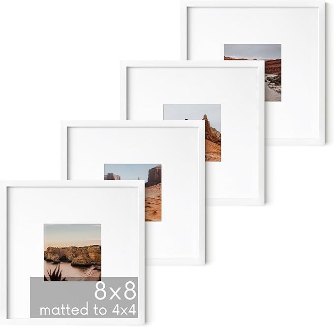 HAUS AND HUES 8x8 White Metal Picture Frames Matted to 4x4 - Features Premium Aluminum, Shatterproof Plexiglass - Ideal for Home, Room, Office (8x8 in, White, Set of 4)-Ruum Studio Home