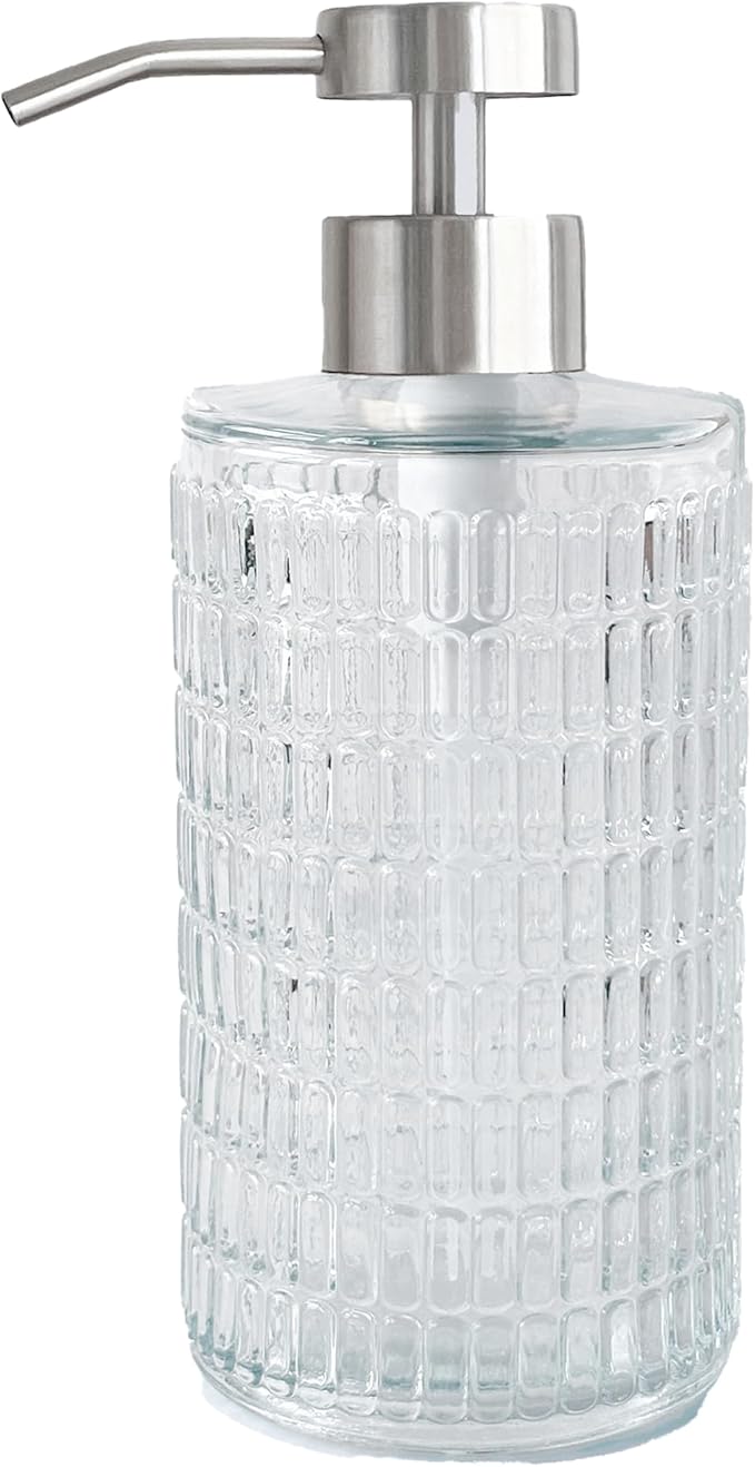 Lunestella Elegant Glass Hand Soap Dispenser with Stainless Steel Pump, for Bathroom and Kitchen, Rust Proof, 17oz (Silver)-Ruum Studio Home