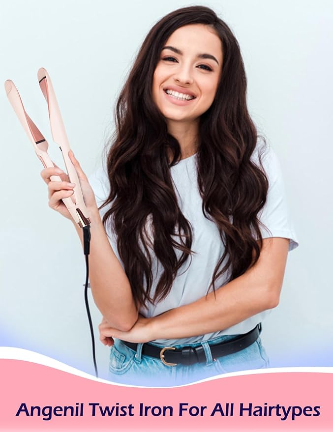 ANGENIL Pro Twist Flat Iron Hair Straightener, 2 in 1 Straightener and Curling Iron for Women, Round Pink Dual Voltage Hair Straightener with Silicone Heat Resistant Mat, 20s Fast Heating, LCD Display-Ruum Studio Home