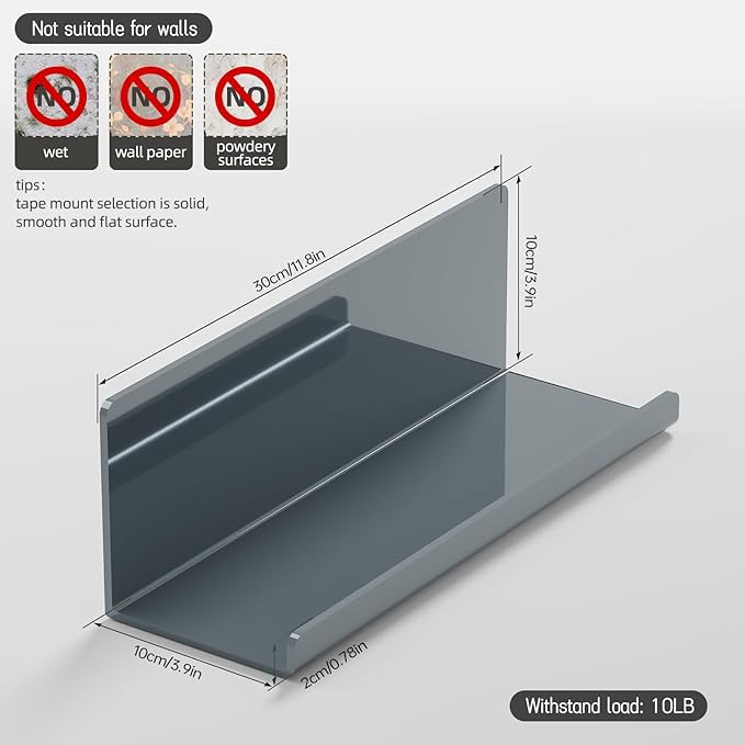 Adhesive Floating Shelves for Wall No Drilling, 12 Inch Acrylic Self Adhesive Shelves, Stick on Shelves, Dorm Wall Shelf, for Bathroom, Kitchen, Bedroom, Office, Gaming Room, Gray-Ruum Studio Home