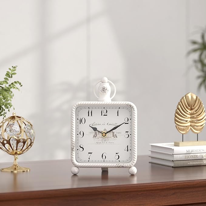 Vintage White Table Clock on Stand, Desk and Shelf Decor Clock, French Rustic Style Non-Ticking Mantel Clocks for Farmhouse, Living Room, Bedroom, Bedside, Gift (8.5" H x 5.5" W)-Ruum Studio Home