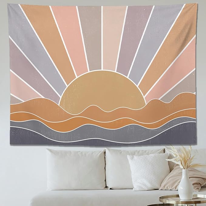 keowhsf Boho Sun Mountain Tapestry Wall Hanging - Retro 70s Vintage Rainbow Sunrise Sunset Design, Abstract Geometric Hippie Art Tapestry for Bedroom, Living Room & Dorm Decor-Ruum Studio Home