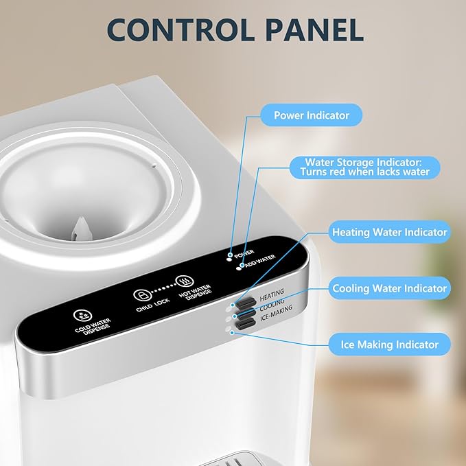 COWSAR 3-in-1 Water Cooler with Ice Maker, Hot & Cold Top Loading, Water Dispenser for 5 Gallon Bottle, 33LBS/24H Ice Maker with Child Safety Lock, White-Ruum Studio Home