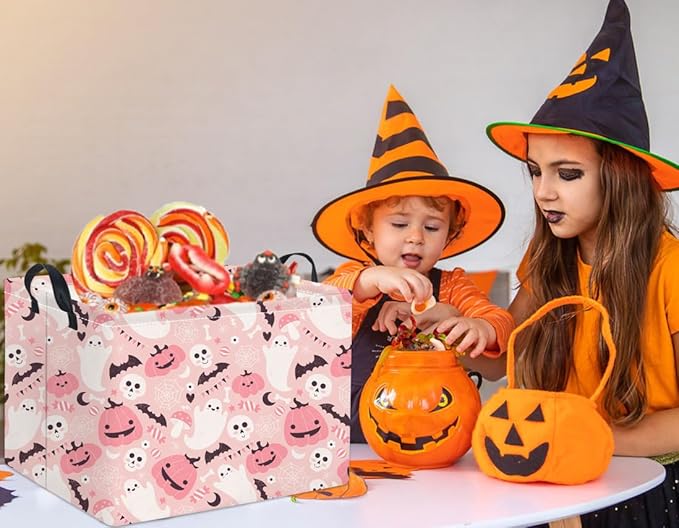 HIYAGON Rectangular Halloween Basket for Boys and Girls Kids Trick or Treat Pumpkin Basket for Halloween Parties Cute Storage Bin Organizer Box Room Decor(Pink ghost pumpkin)-Ruum Studio Home