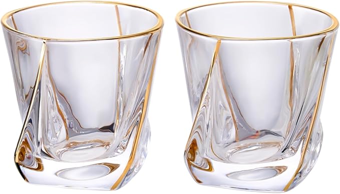 Crystal Whiskey Glasses Set of 2 with 24K Gold Rim,Bar Glasses,Twisted Whiskey Glass Gold Collection for Bourbon,Scotch and Wine,Rock Barware for Men Gift - 8oz-Ruum Studio Home