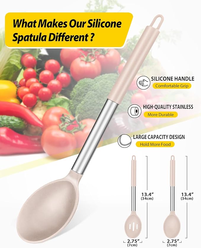 Pack of 2 Large Silicone Cooking Spoons,Non Stick Solid Basting Spoon,Heat-Resistant Kitchen Utensils for Mixing,Serving,Draining,Stirring (STAINLESS STEEL KHAKI)-Ruum Studio Home