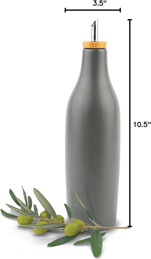 kitchentoolz Olive Oil Stoneware Dispenser Bottle, Ceramic 16 Oz Container for EVOO or Vinegar Kitchen Counter, Pewter Gray-Ruum Studio Home