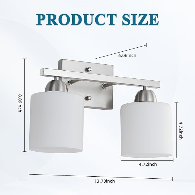 Stainless Steel Milk Glass Vanity Lights for Bathroom, 2 Light Brushed Nickel Bathroom Light Fixtures Over Mirror, Ceramic E26 Sockets Wall Mounted-Ruum Studio Home