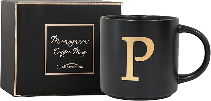 COLLECTIVE HOME - Monogram Ceramic Mugs, 15 oz Golden Initial Black Coffee Cups, Elegant Alphabet Tea Mugs, Elegant Personalized Mug with Gift Box, Unique Mug with Double Side Capital Lette (P)-Ruum Studio Home
