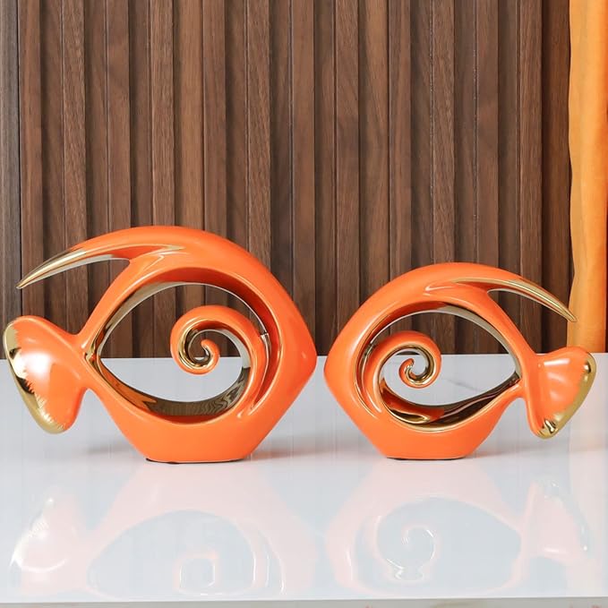 Orange Gold Ceramic Fish Figurines - Coastal Home Decor, Modern Ocean Centerpieces for Living Room, Dining Area, Bathroom, Office, Coffee Table, Beach House, Nautical, Seaside, Entrance, Shelf Display-Ruum Studio Home