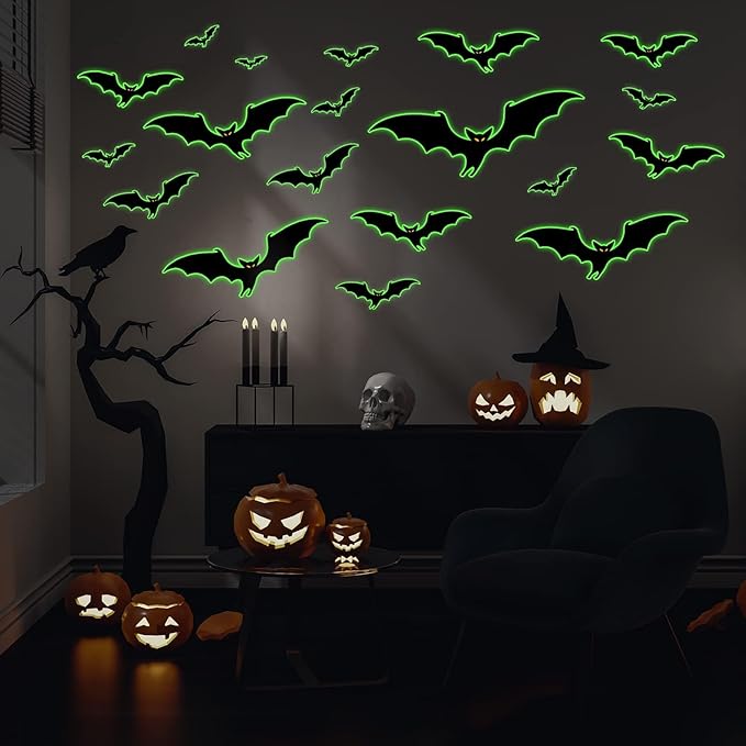 3 Sheets Glow in The Dark Halloween bat Decals Luminous Halloween bat Stickers Removable Bat Wall Decor Glowing Window Clings for Scary Halloween Theme Party Decorations-Ruum Studio Home