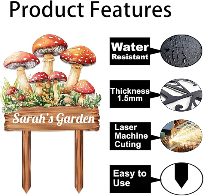 Personalized Mushroom Metal Sign with Stake,Custom Gardener Family Name Signs Outdoor Decor,Customized Flower Gardening Housewarming Gifts,Flowers Plaques for Patio Lawn Porch Backyard Farmhouse-Ruum Studio Home