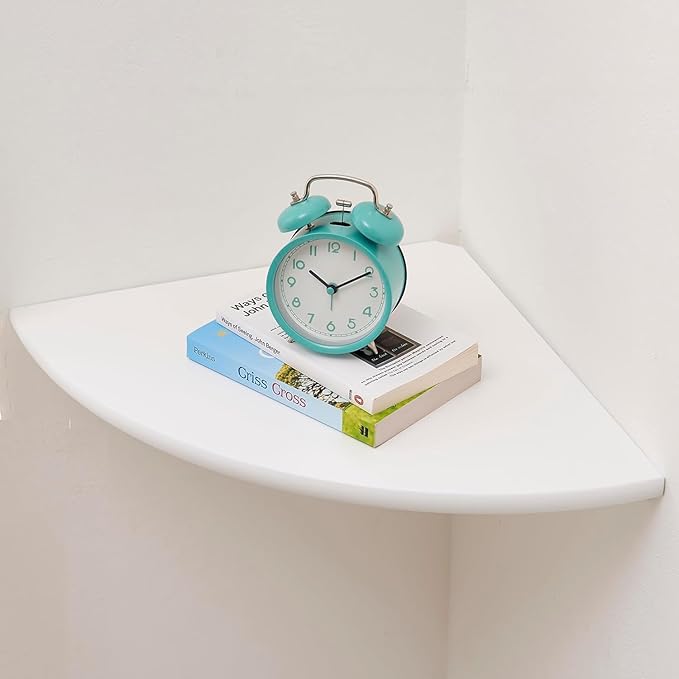 Corner Shelf, Solid Oak Wood Floating Corner Shelf Wall Mount Round End Floating Speaker with Wire Hole for Small Plant Photo for Bedroom Kitchen, Living Room White-Ruum Studio Home