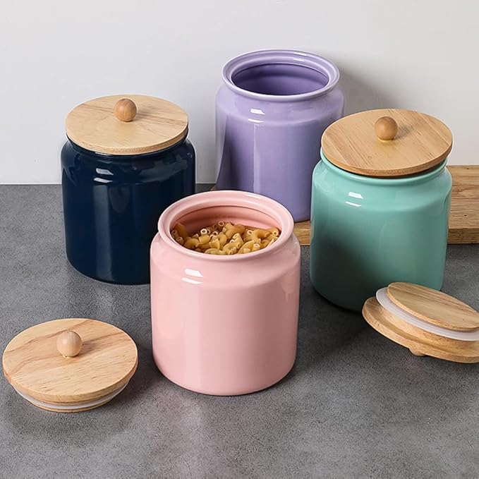 Sweejar Ceramic Kitchen Canisters, 28 FLOZ Porcelain Food Storage Jar with Airtight Seal Wooden Lid, Home Container Serving for Coffee Beans, Tea-leave, Sugar, Salt and More, Tool Bucket (Pink)-Ruum Studio Home