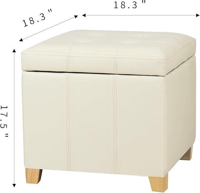 Adeco Faux Leather Storage Ottoman with Hinged Lid, 17.5 Inch High Cream White Square Cube Foot Stool with Storage, Upholstered Vanity Stool with Solid Wood Legs for Living Room, Bedroom, Dorm-Ruum Studio Home