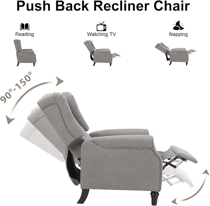 EBELLO 2 Pcs Pushback Recliner Chairs, Fabric Armchair Push Back Recliner with Rivet Decoration, Single Sofa Accent Chair for Living Room, Bedroom, Grey-Ruum Studio Home
