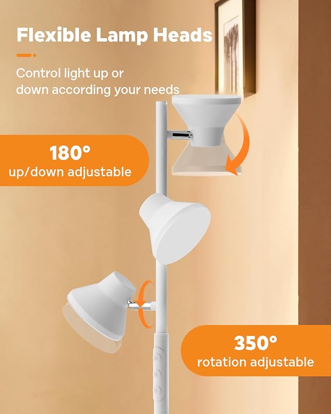 White Floor Lamp, 36W Modern Dimmable Standing Lamp 2700-6500K, 3 Rotatable LED Lights Reading Tall Lamp, Touch & Remote Control Floor Lamps for Living Room Bedroom Office-Ruum Studio Home
