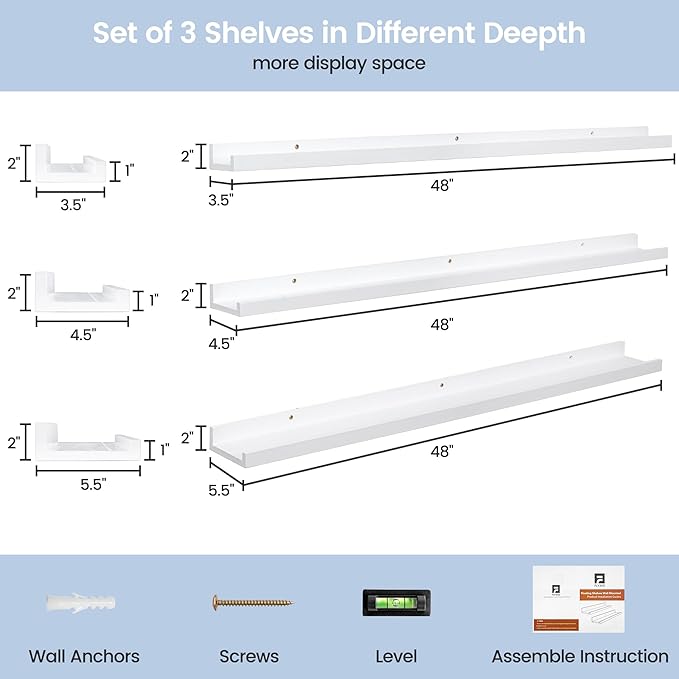 Picture Ledge Shelf for Wall, 48 inches Solid Pine Wood Nursery Book Shelves 3 Pack, Floating Ledge Shelves for Kids' Room, Bedroom, Bathroom Long Floating Shelves for Wall, White-Ruum Studio Home