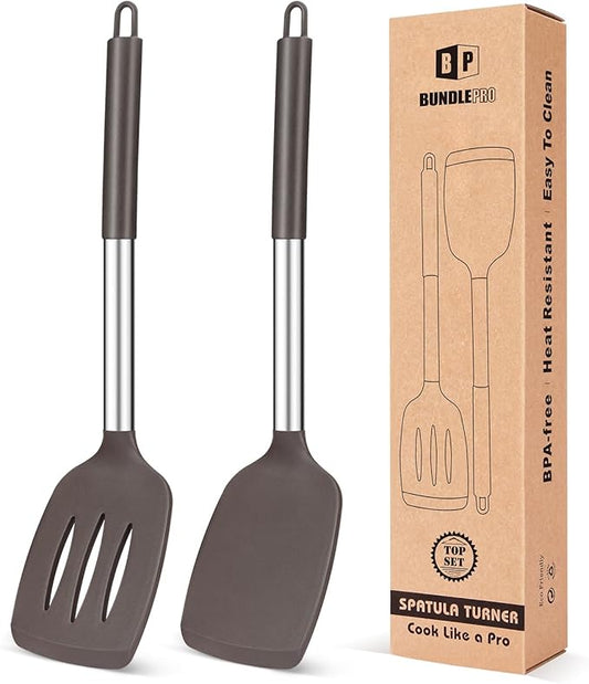Pack of 2 Silicone Solid Turner, Non Stick Slotted Kitchen Spatulas, High Heat Resistant BPA Free Cooking Utensils, Ideal Cookware for Fish, Eggs, Pancakes(Chocolate)-Ruum Studio Home