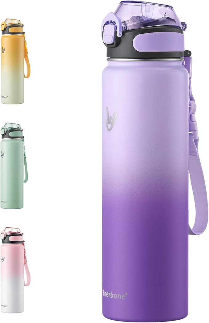 Enerbone 32 oz Insulated Water Bottle, Stainless Steel Bottle with Carrying Strap, Double-Wall Vacuum Insulation Design, Leakproof Sports Bottle with Straw, Keep Drinks Cold or Hot for Hours-Ruum Studio Home