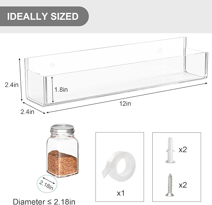 PMMASTO Adhesive Acrylic Spice Rack Organizer for Wall with 2 Nano Double Sided Tape, Spice Shelf Organization for Kitchen Cabinet Door/Pantry Door, Wall Mount Seasoning Rack (Clear-4 Pack)-Ruum Studio Home