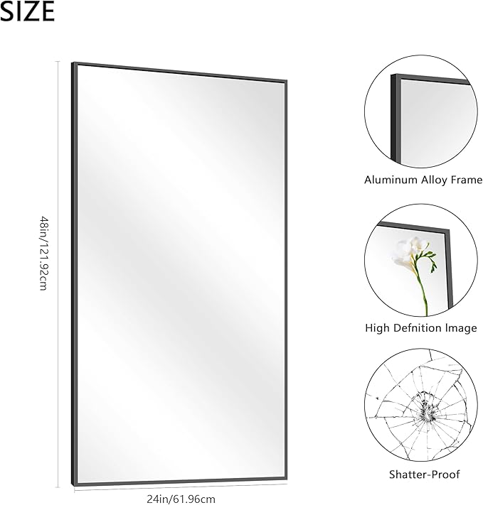 48x24In Black Bathroom Mirror for Wall, Rectangle Mirrors with Metal Frame, Bathroom Rectangular Mirror Modern Wall Mirror for Bedroom Living Room, Entryway Hangs Horizontal or Vertical-Ruum Studio Home