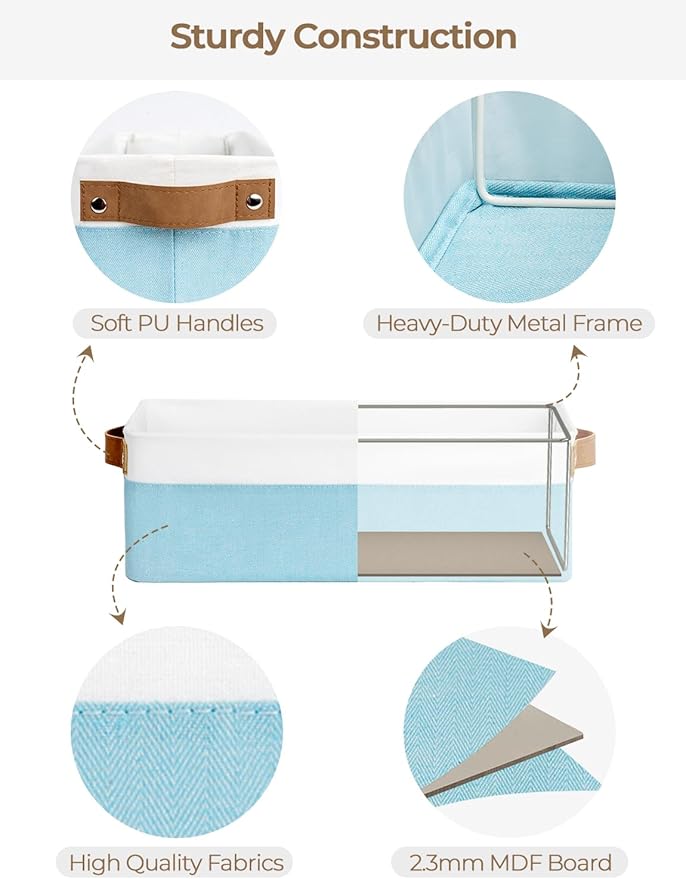 StorageWorks Narrow Storage Bins, Small Basket for Closet and Shelves, Fabric Organizer with Handles, Toilet Paper Storage, Light Blue and White, 2-Pack-Ruum Studio Home