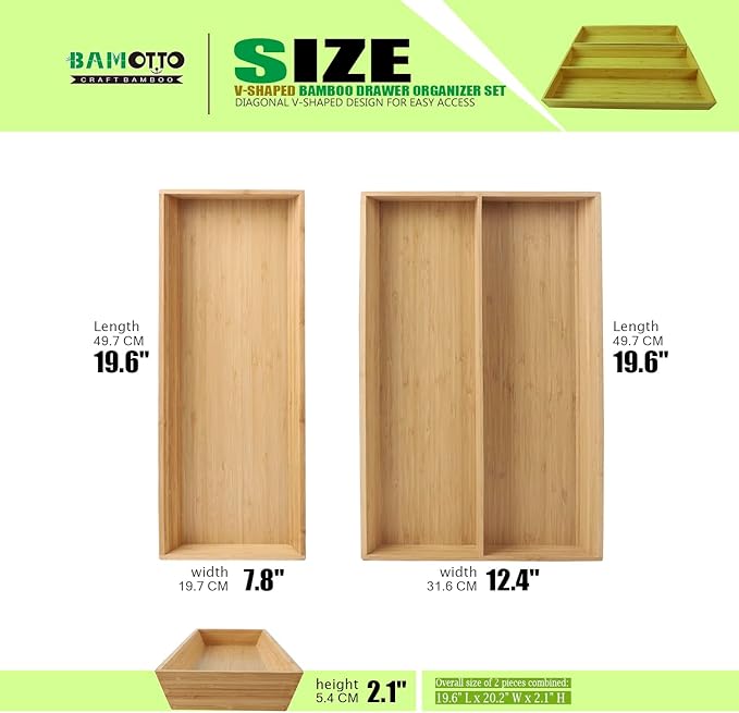 2-Piece V-Shaped Bamboo Drawer Organizer - Ideal for Kitchen's Large Long Tableware, Cooking Utensils, Flatware, Silverware - Wood Storage Box for Home, Bedroom, Bathroom (19.6"x12.4" & 19.6"x7.8")-Ruum Studio Home