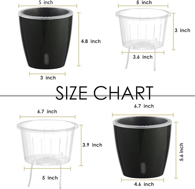 Self-Watering Pots for Indoor Plants, 6-Pack 6.7'' Self Watering Planter with Drainage Holes, Small African Violet Pots with Water Indicator, Clear Wick Pot, Black-Ruum Studio Home