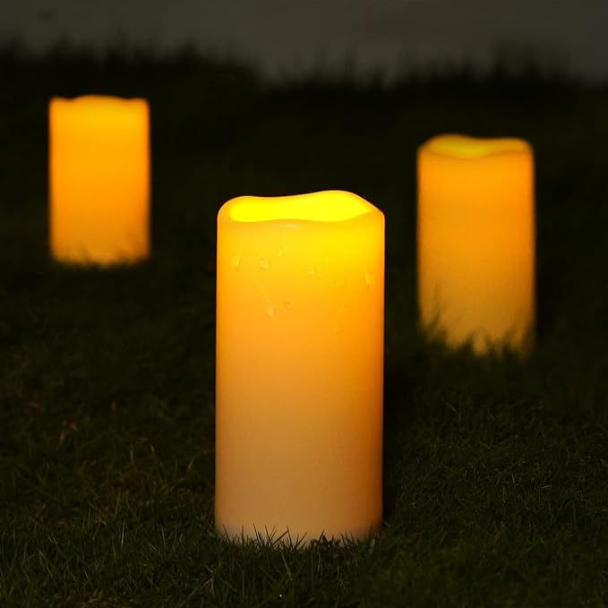 5plots 4" x 8" Single Waterproof Outdoor Flameless Candles, Battery Operated Flickering LED Pillar Candles with Remote and Timers for Indoor Outdoor Lanterns, Long Lasting, Large-Ruum Studio Home