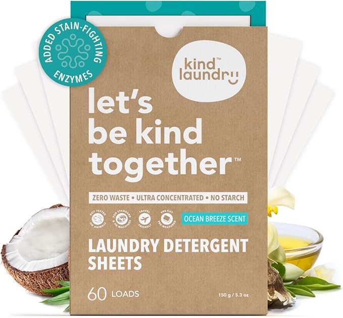 Kind Laundry Detergent Sheets Stain-Fighting Enzymes - Plant Powered Eco-Friendly Laundry Soap Sheets - Home or Travel Laundry Detergent - Ocean Breeze, 60 Loads (Mom's Choice Award Winner)-Ruum Studio Home