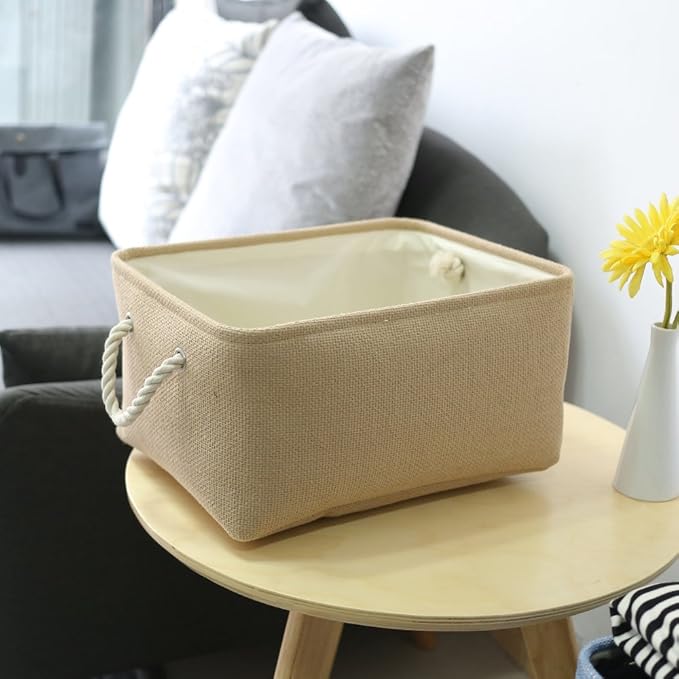 TheWarmHome Decorative Basket Rectangular Small Storage Basket Fabric Storage Bin Organizer Basket with Handles for Clothes Storage (Beige, 11.8L×7.9W×5.2H inch)-Ruum Studio Home