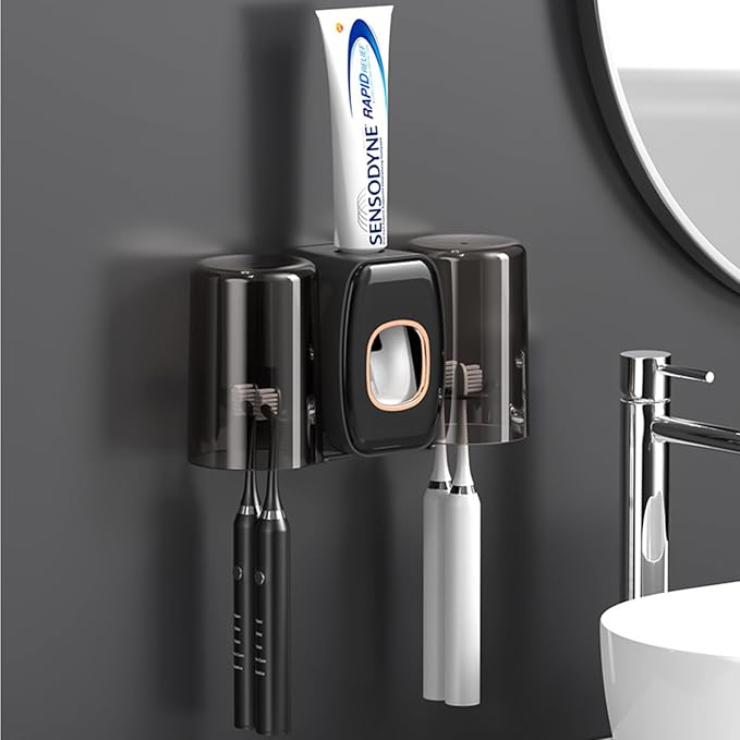 Toothbrush Holders for Bathrooms Toothbrush Holder Wall Mounted Toothpaste Dispenser for Kids Automatic Tooth Brushing Holder Bathroom Toothbrush Holder Set Shower Accessories Sets - Black-Ruum Studio Home