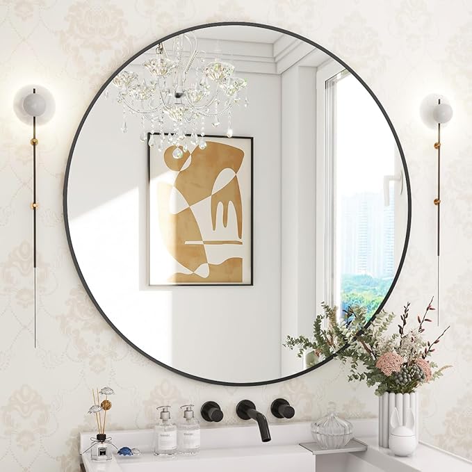 BEAUTYPEAK 30 Inch Round Mirror, Metal Frame Circle Mirror, Wall Mounted for Entryway, Bathroom, Vanity, Living Room, Black-Ruum Studio Home