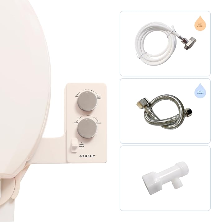 TUSHY Spa Self-Cleaning Warm Water Toilet Bidet Attachment. Adjustable Nozzle, Angle & Pressure Control. Easy DIY Home Install, Requires Sink Access for Optional Warm Water Control. (Biscuit/Platinum)-Ruum Studio Home