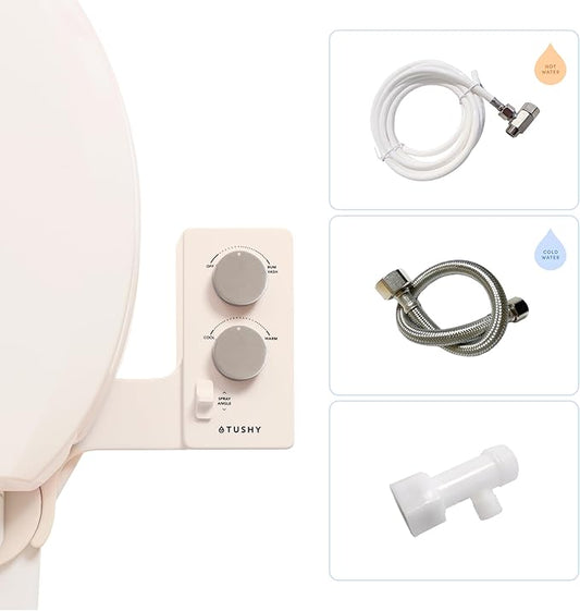 TUSHY Spa Self-Cleaning Warm Water Toilet Bidet Attachment. Adjustable Nozzle, Angle & Pressure Control. Easy DIY Home Install, Requires Sink Access for Optional Warm Water Control. (Biscuit/Platinum)-Ruum Studio Home
