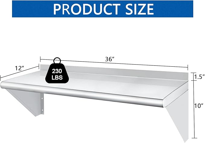 HARDURA Stainless Steel Shelf 12" x 36", 230lb Commercial Shelves Wall Mount Metal Shelving with Backsplash and Brackets for Kitchen, Restaurant, Laundry Room and Home-Ruum Studio Home