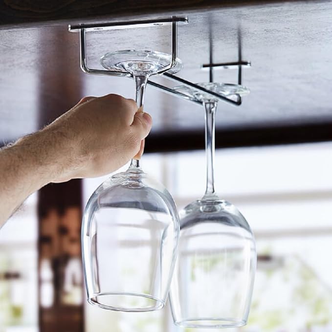 Soro Essentials- 10" Glass Hanging Stemware Rack Chrome Plated Set of 2- Wine Glass Hangers Under Shelf Cabinet Wire Wine Holder Storage Hanger for Cabinet Kitchen Bar or Home-Ruum Studio Home
