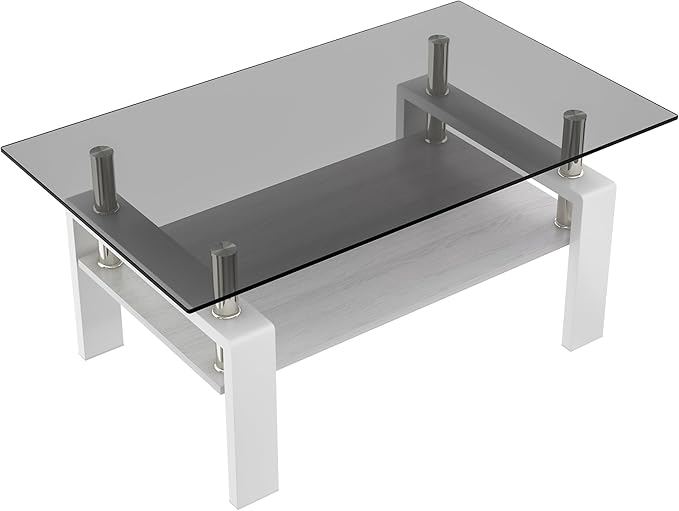 Glass Coffee Table Rectangle Living Room Center Table, with Gray Tempered Glass Tabletop and White MDF Layer,for Living Room and Office, Gray+White-Ruum Studio Home