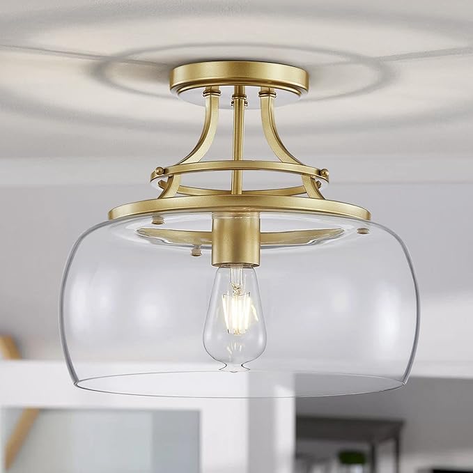 WUZUPS Chandelier Rustic Farmhouse Industrial Round Semi-flushmount Ceiling LED Light Fixture with Clear Glass Shades for Bathroom Kitchen Foyer Entryway, H 11.8" x W 13.4", E26 Base, Gold-Ruum Studio Home