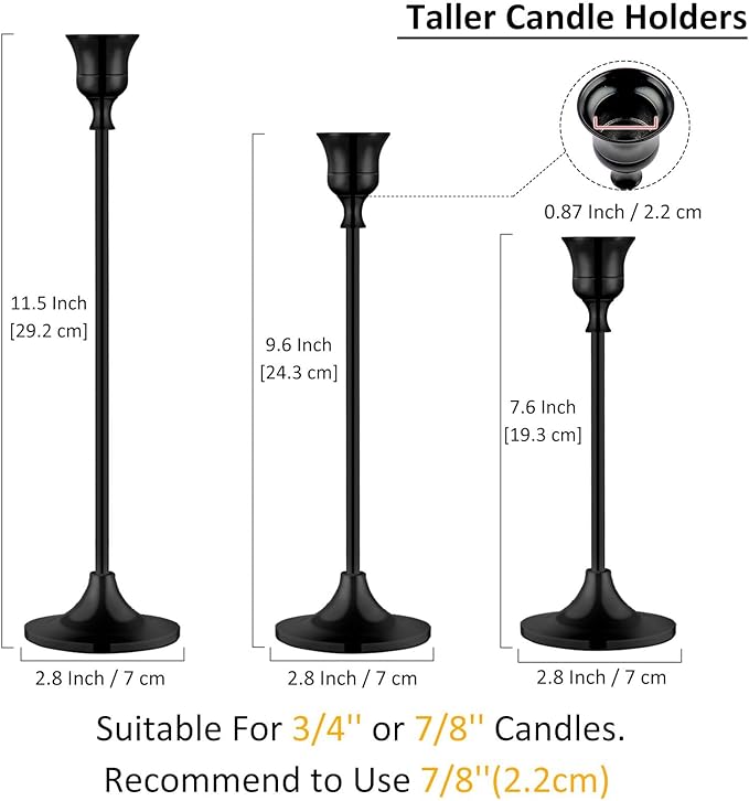 Metal Candle Holders for Candlesticks Taper Candlestick Holders Set Vintage Decorative Centerpiece Candelabra Tall Candle Stands for Halloween Thanksgiving Christmas (Matt Black, 1 Set (3 pcs))-Ruum Studio Home