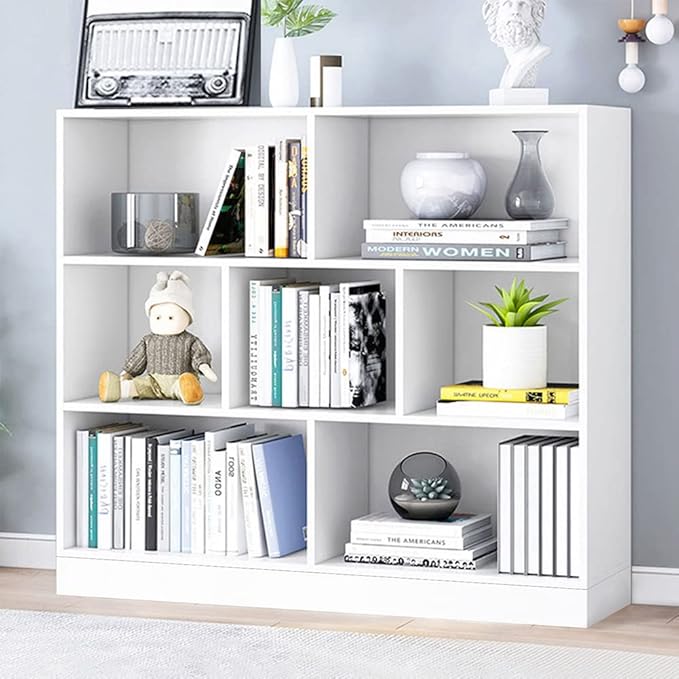 IOTXY Open Shelf Low Bookcase - Wooden 3-Tier Floor Standing Display Cabinet Organizer with Base, 7 Cubes Short Horizontal Bookshelf in Warm White-Ruum Studio Home