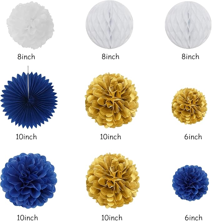 Navy-Blue Gold Birthday Party-Decorations Paper-Flowers - 14pcs Happy Banner Royal Lanterns Tissue Pom Poms,Men Streamers Garland Fans Honeycomb,Teen Boys Male Kids Hanging Supplies Decor Hugfond-Ruum Studio Home